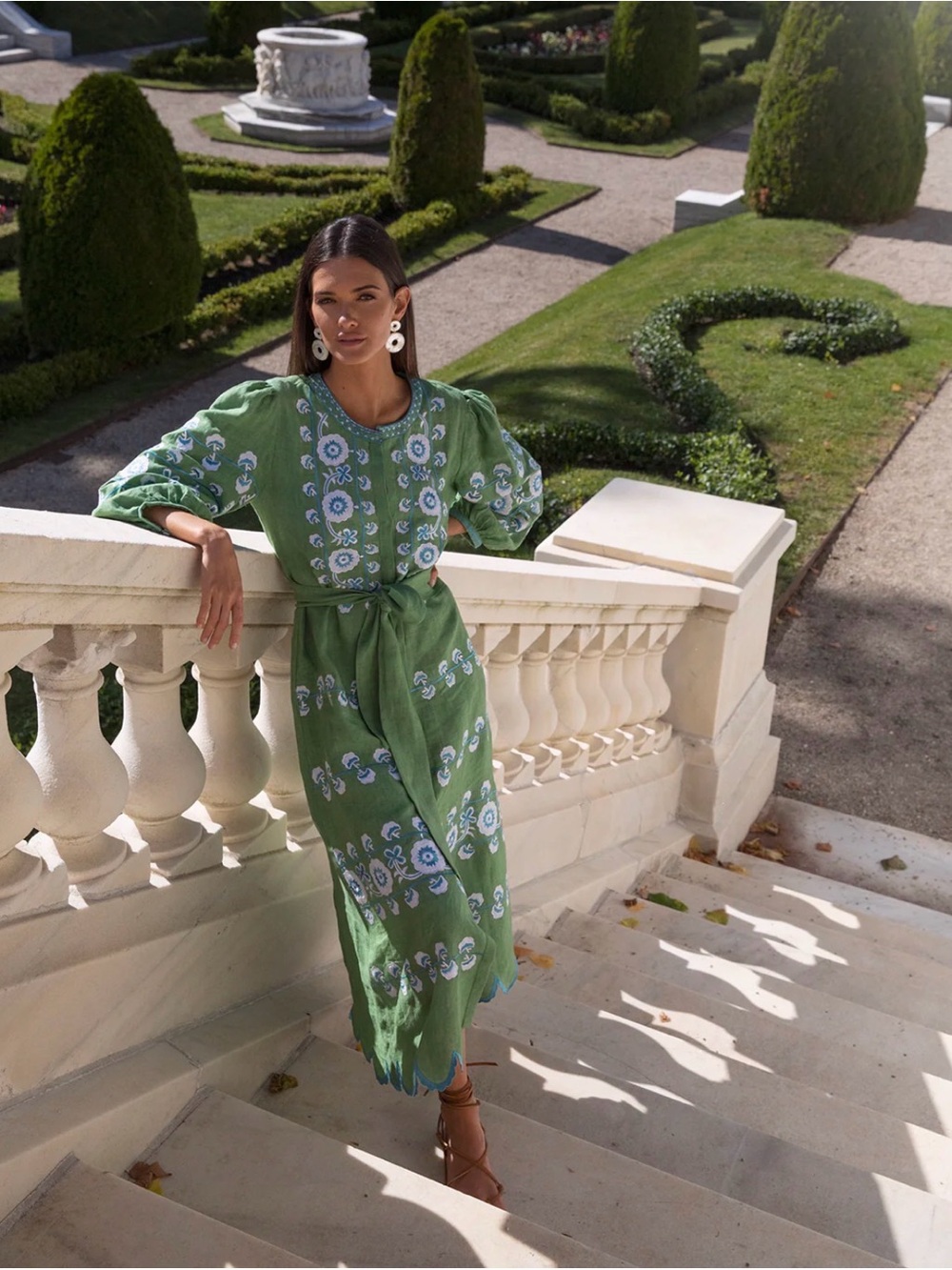 Lucia dress by ASHA emerald green linen with blue embroidery! Perfect dress!